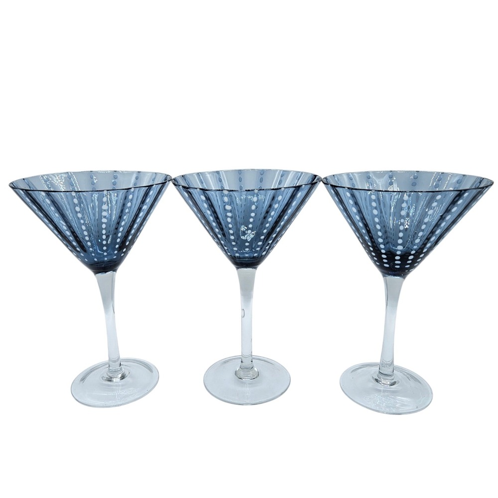 3 Pescara White Dot Navy Blue Martini Glasses Hand Blown Glass Modern Set Of 3